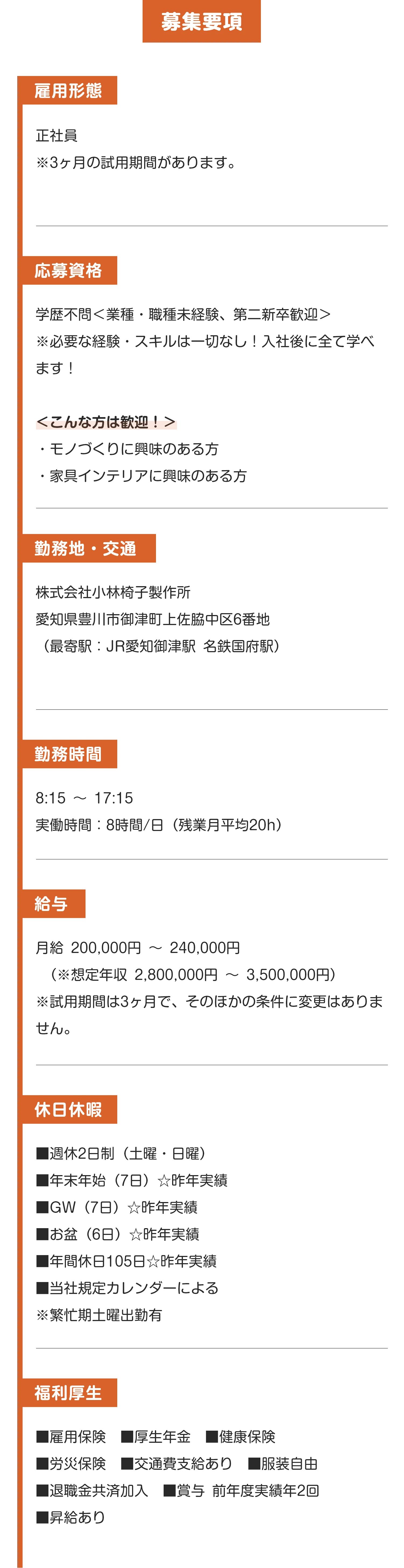 募集要項


雇用形態

正社員
※3ヶ月の試用期間があります。
（各種保険、給料は変わりません）


応募資格

学歴不問＜業種・職種未経験、第二新卒歓迎＞
※必要な経験・スキルは一切なし！入社後に全て学べます！

＜こんな方は歓迎！＞
・モノづくりに興味のある方
・家具インテリアに興味のある方


勤務地・交通

株式会社小林椅子製作所
愛知県豊川市御津町上佐脇中区6番地
（最寄駅：JR愛知御津駅 名鉄国府駅）
※転勤なし　JR愛知御津駅徒歩15分


勤務時間

8:15 ～ 17:15　
実働時間：8時間/日（残業月平均20h）


給与

月給 200,000円 ～ 240,000円
 （※想定年収 2,800,000円 ～ 3,500,000円）
※試用期間は3ヶ月で、そのほかの条件に変更はありません。


休日休暇

■週休2日制（土曜・日曜）
■年末年始（7日）☆昨年実績
■GW（7日）☆昨年実績
■お盆（6日）☆昨年実績
■年間休日105日☆昨年実績
■当社規定カレンダーによる
※繁忙期土曜出勤有


福利厚生

■雇用保険　■厚生年金　■健康保険
■労災保険　■交通費支給あり　■服装自由
■退職金共済加入　■賞与 前年度実績年2回
■昇給あり